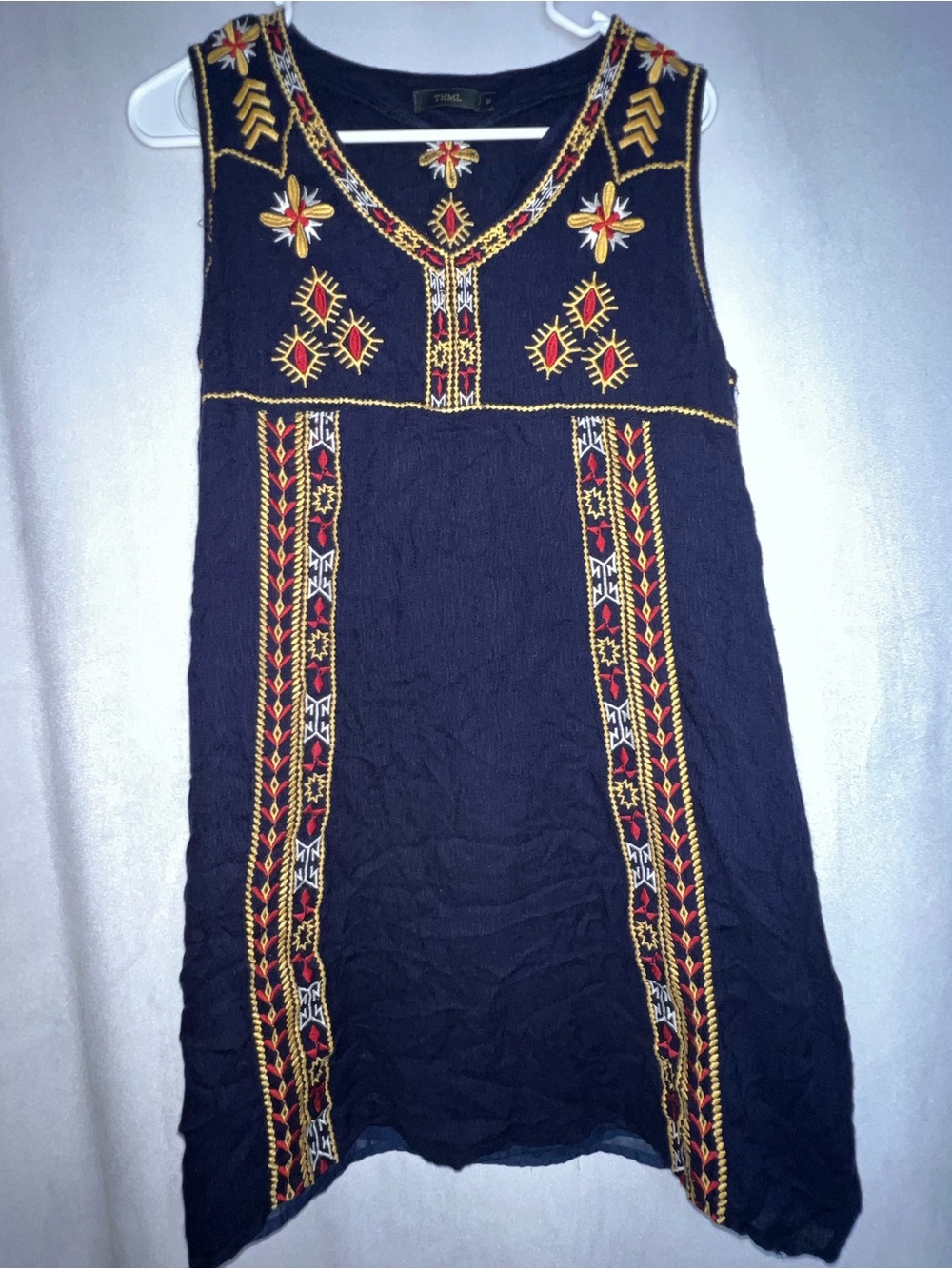THML Medium Embroidered Rayon Navy Sleeveless Boho Dress PTP 19.5”